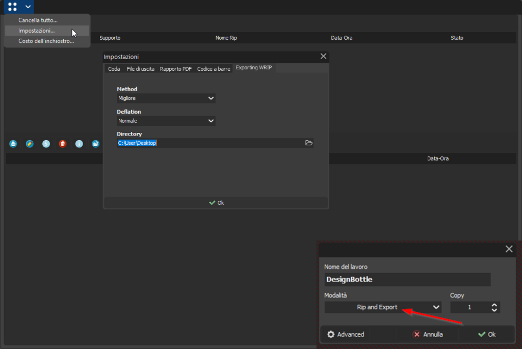 The image is a screenshot of a software interface, possibly related to printing or graphic design, given the context of previous images. It seems to be in Italian, with various tabs and settings displayed across the interface.  In the upper part, we see a dark-themed menu bar with options like "Cancel all...", "Settings...", and "Ink cost...". The main part of the interface shows several tabs, such as "Queue", "File output", "PDF Report", "Barcode", and "Exporting WRIP". The "Settings" tab is open, with dropdown menus for "Method" and "Deflation", set to "Best" and "Normal" respectively.  Below, a directory path is shown, "C:\User\Desktop", indicating where the output files are presumably saved. An "Ok" button is at the bottom, which suggests this is a configuration window where the user sets the parameters for a job.  The lower part of the screenshot features a pop-up or overlay with job details. It's titled with the job name "DesignBottle" and has an option "Mode" set to "Rip and Export". There’s also a "Copy" field set to 1, indicating the number of copies to be processed. "Advanced" and "Cancel" buttons are available, alongside an "Ok" button, implying further customizable settings or confirmation actions.
This image gives an impression of a professional software environment used for managing and executing digital print jobs or related tasks.