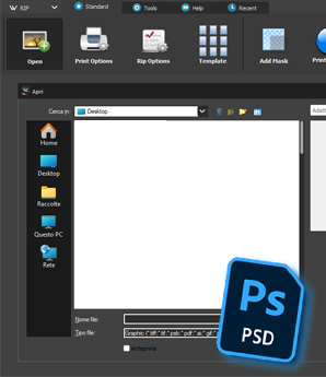 The image is a screenshot of a user interface for what appears to be printing or graphic design software. The window is divided into a toolbar at the top and a navigation pane on the left, typical of a Windows environment.  The toolbar includes several tabs: 'WP RIP', 'Standard', 'Tools', 'Help', and 'Recent'. Below the tabs are icons that may represent various functions such as 'Open', 'Print Options', 'RIP Options', 'Template', and 'Add Mask'. The icons suggest functionalities for file management, print configuration, and template handling within the software.  On the left side, there is a navigation pane labeled 'Search', with shortcuts to 'Home', 'Desktop', 'Recent', 'This PC', and 'Network'. This pane resembles the layout of a file explorer, indicating an area where users can browse and select files.  In the center, a larger window with an empty white space suggests a preview or workspace area. This could be where the files or designs are displayed or edited before printing or processing.  Foregrounded in the bottom right corner is an icon of a file with 'Ps' and 'PSD' written on it, indicating it is a Photoshop Document file. This icon is much larger than the other elements, possibly dragged into the workspace for opening or editing.  The interface has a clean, organized layout, tailored to streamline the workflow for tasks related to printing, graphic design, or image processing.