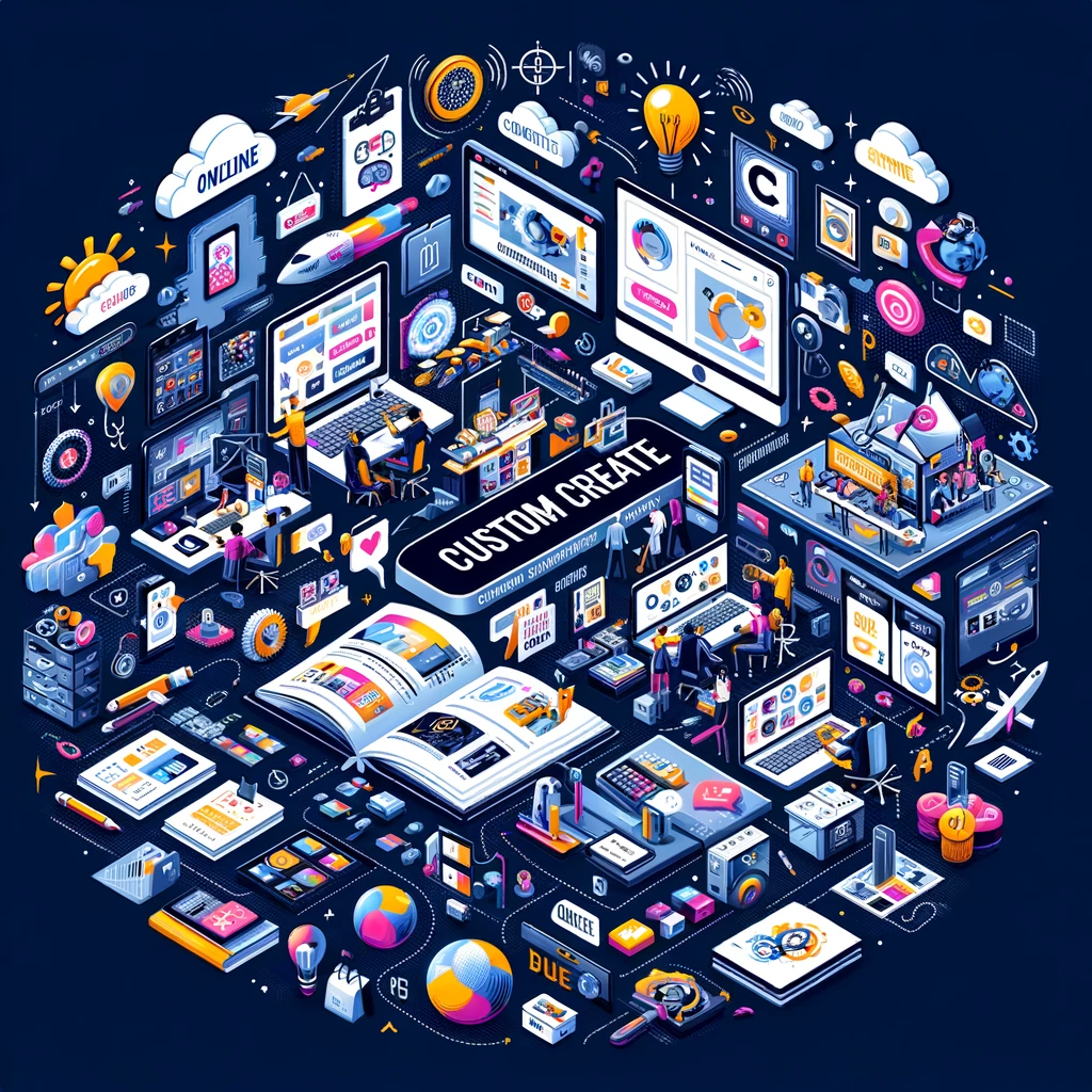 An isometric illustration depicting a bustling digital marketplace ecosystem, featuring diverse online business activities such as eCommerce, digital printing, design sharing, and analytics, with vibrant graphics symbolizing connectivity and innovation in the digital age.