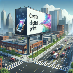 An imposing billboard towers over a lively cityscape, its screen heralding the new age of 'Create digital print' with a graphic of a hand holding a smartphone emitting a vibrant spectrum of colors, symbolizing the intersection of technology and creativity in the urban environment.