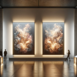 In a serene exhibition space, two luminous backlit displays showcase ethereal, swirling artwork that radiates a warm, inviting glow, as silhouetted figures admire the captivating visual harmony