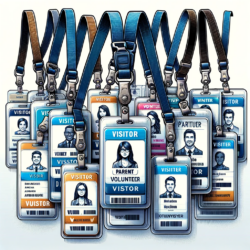 A series of detailed visitor badges on lanyards, each with a photo and designation such as 'Volunteer' or 'Parent', representing the diverse array of individuals who contribute to the vibrancy and operation of communal spaces.