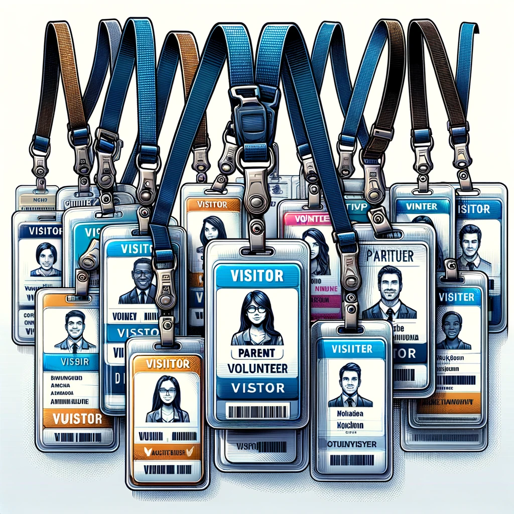 A series of detailed visitor badges on lanyards, each with a photo and designation such as 'Volunteer' or 'Parent', representing the diverse array of individuals who contribute to the vibrancy and operation of communal spaces.