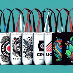 A collection of stylish tote bags in a row, each adorned with unique, eye-catching designs and the word 'FASHION' in bold typography, merging practicality with the flair of modern design trends