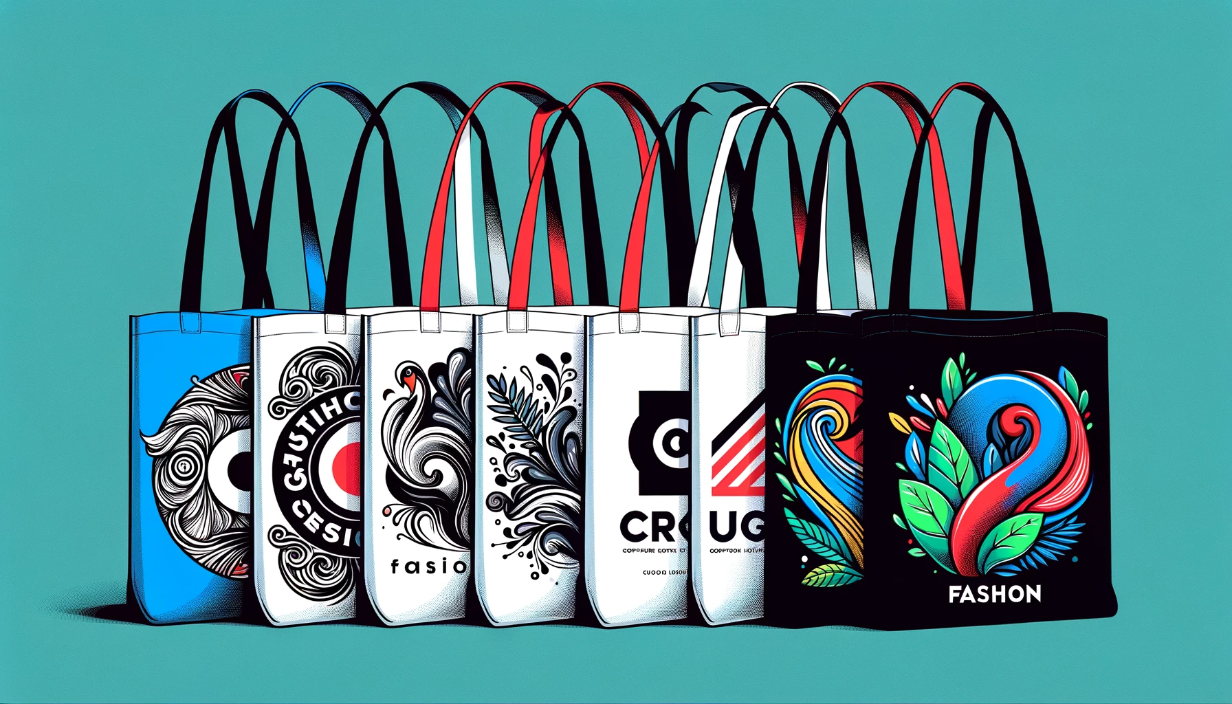 A collection of stylish tote bags in a row, each adorned with unique, eye-catching designs and the word 'FASHION' in bold typography, merging practicality with the flair of modern design trends