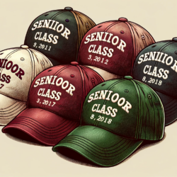 A collection of baseball caps in a range of rich colors, each proudly embroidered with 'Senior Class' followed by different years, laid out as cherished mementos of school spirit and milestones achieved