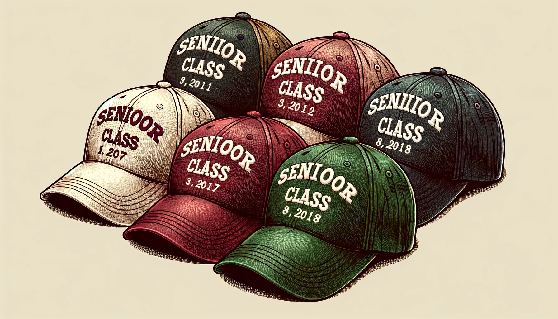 A collection of baseball caps in a range of rich colors, each proudly embroidered with 'Senior Class' followed by different years, laid out as cherished mementos of school spirit and milestones achieved