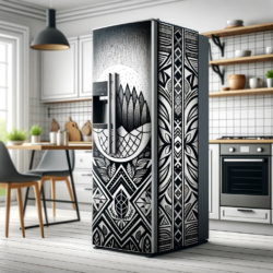 A refrigerator in a contemporary kitchen boasts a stunning, monochromatic digital print with intricate patterns and geometric designs, transforming a standard appliance into a piece of functional art