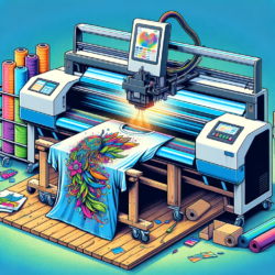 An intricate digital fabric printer brings a dazzling bird design to life on a t-shirt, with bright inks flowing like a rainbow from the machine onto the fabric. The background is filled with rolls of colorful threads, symbolizing the endless possibilities of garment personalization