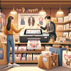 A cozy atelier scene where a customer engages with a designer over a digital printer, choosing custom decorations for personal items, surrounded by a warm ambiance and a selection of bespoke products, highlighting the charm of personalized digital printing