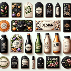 An assortment of meticulously designed labels presents a feast for the eyes, each bearing unique typography and imagery for food, drink, and beauty products, reflecting the diversity and creativity in product branding