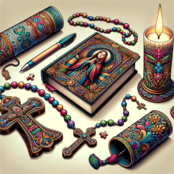 An array of religious artifacts, each adorned with vibrant, intricate digital prints, from a beautifully illustrated book to ornate crosses and rosary beads, complemented by a pen and a candle, all of which come together to form a tapestry of faith and artistry