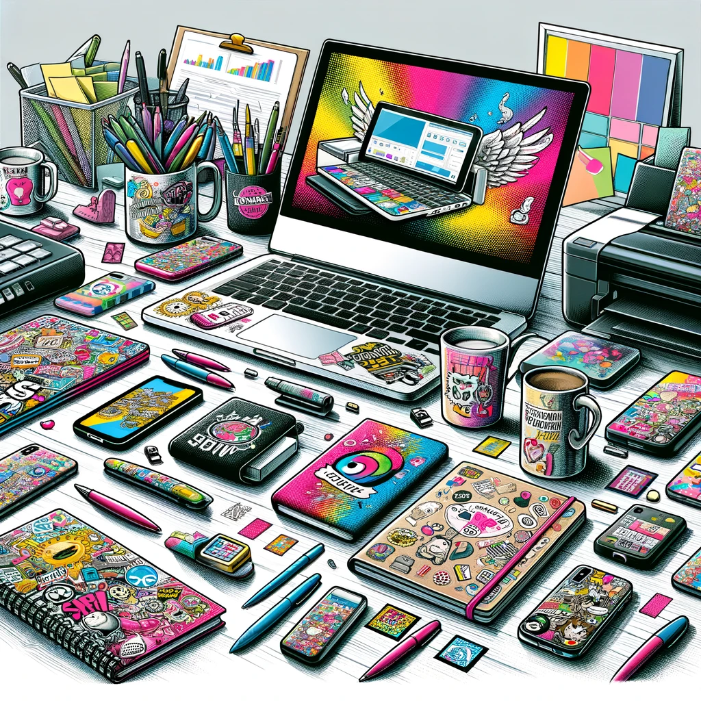 A desk bursts with personality, cluttered with office essentials and gadgets, each item boasting its own digitally printed design, from vibrant stickers to patterned covers, illustrating the lively chaos of a creative workspace