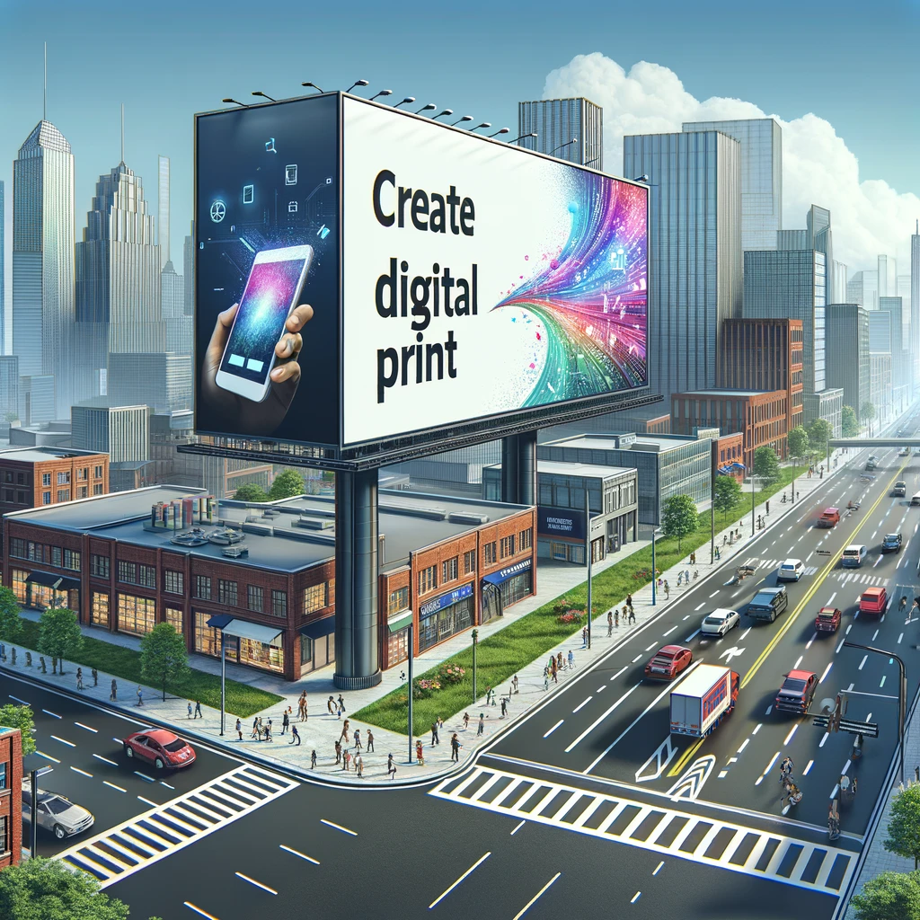 An imposing billboard towers over a lively cityscape, its screen heralding the new age of 'Create digital print' with a graphic of a hand holding a smartphone emitting a vibrant spectrum of colors, symbolizing the intersection of technology and creativity in the urban environment.