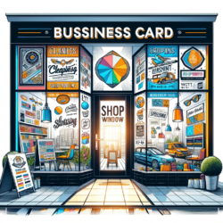 A vibrant isometric depiction of a shop window that doubles as a business card, complete with a variety of advertising elements, graphic designs, and a welcoming entrance that invites customers into the world of commerce and retail