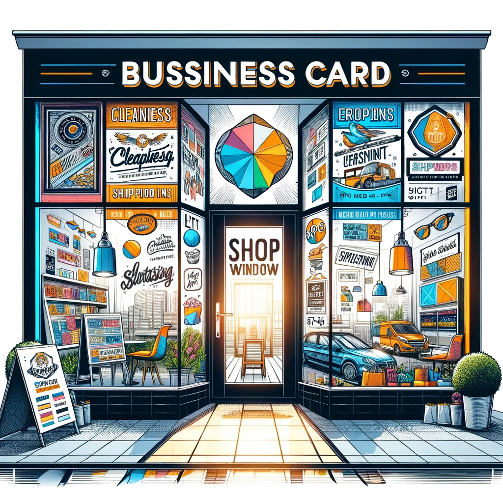 A vibrant isometric depiction of a shop window that doubles as a business card, complete with a variety of advertising elements, graphic designs, and a welcoming entrance that invites customers into the world of commerce and retail