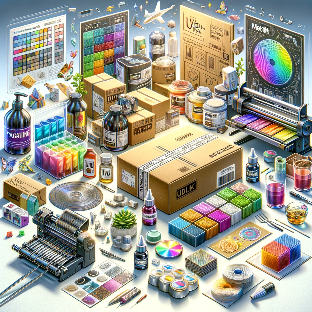 A detailed isometric illustration displaying the vibrant and diverse world of digital print packaging, featuring cutting-edge UV technology and a plethora of materials and effects that showcase the modern capabilities of packaging prototypes.