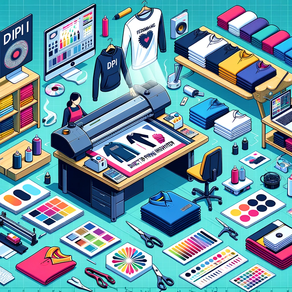 An illustration showcasing the meticulous process of customizing workwear. Digital printers and cutting machines are at work, transforming thermo-transferable materials into bespoke shapes and designs, ready to adhere to a variety of garments, emphasizing the unique identity and professionalism of each brand