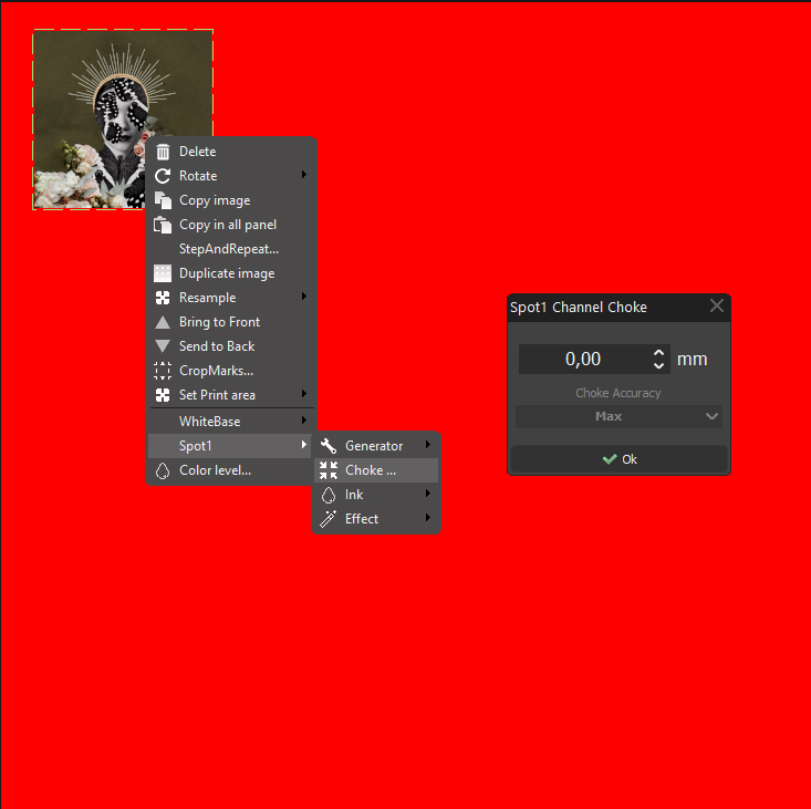 In the image, we see a glimpse of a graphical user interface from a design or printing software. The background is a striking red, and there's a contextual menu open with several options related to image manipulation. Options like 'Delete', 'Rotate', 'Copy image', 'StepAndRepeat...', 'Duplicate image', 'Resample', 'Bring to Front', 'Send to Back', 'CropMarks...', and 'Set Print area' indicate a sophisticated set of tools for detailed image and print control.  Below this menu, there's a nested submenu next to 'Spot1', which includes 'Generator', 'Choke...', 'Ink', and 'Effect', suggesting advanced customization for the 'Spot1' layer, possibly in preparation for specialized printing techniques.  To the right, there is a small dialog box titled 'Spot1 Channel Choke' with an input field set at '0,00 mm' and a dropdown menu for 'Choke Accuracy' set to 'Max'. This implies that the software is capable of applying a choke to the spot channel, a technique used in printing to adjust the spread of ink or to compensate for registration issues between different color layers.  The overall image conveys a part of the process in print production where precision adjustments are made to the artwork before final output. The red arrows in the contextual menu point to specific features or tools, possibly for instructional purposes or to highlight areas of focus for the user.