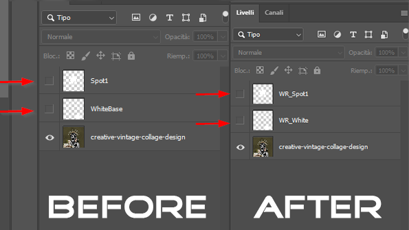 This screenshot captures a before-and-after scenario within a design or photo-editing software's layers panel. Initially, in the "BEFORE" state, we see a list of layers each serving a specific function in the composition. There’s a 'Spot1' layer, which might be for spot color application, indicated by the checkerboard pattern that often denotes transparency. Beneath it, the 'WhiteBase' layer suggests a foundational layer, possibly for a color base in printing. The last layer, with a preview image, is named 'creative-vintage-collage-design', indicating the primary artistic element of the project.  After some modifications, as shown in the "AFTER" section, the first two layers have been renamed: 'Spot1' is now 'WR_Spot1', and 'WhiteBase' has been changed to 'WR_White'. These adjustments reflect a standardized naming convention, which could be a necessary step for further processing. The primary design layer remains unaltered in name, suggesting that the main focus was on updating the technical layers for compatibility or organizational reasons, possibly related to printing or file management protocols. The red arrows accentuate the changes, directing the viewer's attention to the layers that have been renamed. This meticulous approach is typical in digital workflows to ensure that every layer is properly identified and managed for the subsequent stages of production.