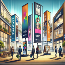 A vibrant urban scene showcasing a row of tall, vertical advertising banners with various graphics for fashion and design services, lining a sunlit pedestrian area flanked by contemporary buildings and shops. Passersby, engaged in shopping and conversation, contribute to the dynamic atmosphere of the promenade.