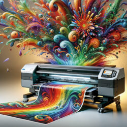 An artistic digital printer brings a dazzling array of colors to life, where the print merges into an explosion of vibrant, fantastical shapes and patterns, symbolizing the powerful fusion of technology and creativity in modern printing