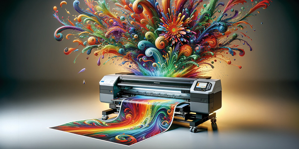 An artistic digital printer brings a dazzling array of colors to life, where the print merges into an explosion of vibrant, fantastical shapes and patterns, symbolizing the powerful fusion of technology and creativity in modern printing