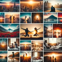 A collage of 15 square photographs featuring a variety of emotive scenes, all with a warm, golden-hour glow. The top row shows cityscapes with sunrises and a couple watching the sunset. The second row includes silhouettes of people on a beach, horseback riders, and a solitary figure in a forest. The middle row captures majestic landscapes, children jumping in joy, and a ballet class. The fourth row shows intimate moments of a parent and child at home, children playing on a beach, and a man contemplating in a room with streaming sunlight. The bottom row presents serene beach scenes and a family holding hands, silhouetted against a dramatic sunset. Each image conveys a sense of peace, joy, or contemplation, all within the magic of the 'golden hour' lighting.