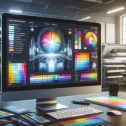 A close-up of a designer's workspace with a focus on a large monitor displaying a complex graphic design program. The screen shows a colorful image editing interface with a central 3D tunnel effect graphic and various color palettes and tools around the edges. The desk holds a stylus pen, a digital graphics tablet reflecting a rainbow color gradient, a keyboard, and a mouse. The workspace has a creative and professional atmosphere, with the soft glow of daylight coming through large windows in a spacious office environment