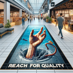 3D floor graphic advertising in a shopping mall, depicting a hyper-realistic hand reaching out from splashing water, with fish swimming around and a magnet floating nearby. The bold words 'REACH FOR QUALITY' frame the image, inviting shoppers to consider the message as they pass by