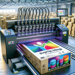 A state-of-the-art industrial digital printer meticulously applies vibrant, multicolored graphics to packaging material, with a freshly printed box displaying a colorful product label at the forefront. The warehouse setting echoes with the future of high-efficiency digital print technology