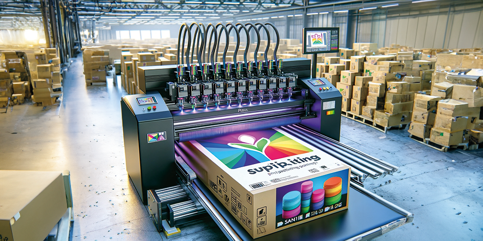 A state-of-the-art industrial digital printer meticulously applies vibrant, multicolored graphics to packaging material, with a freshly printed box displaying a colorful product label at the forefront. The warehouse setting echoes with the future of high-efficiency digital print technology