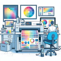 A digital print specialist intently reviews a color swatch, ensuring accuracy as the proofing printer produces an array of high-fidelity color samples. The workspace is a hub of creative technology, with color wheels and calibration charts decorating the monitors, orchestrating a symphony of design precision