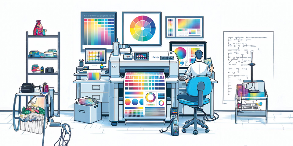 A digital print specialist intently reviews a color swatch, ensuring accuracy as the proofing printer produces an array of high-fidelity color samples. The workspace is a hub of creative technology, with color wheels and calibration charts decorating the monitors, orchestrating a symphony of design precision