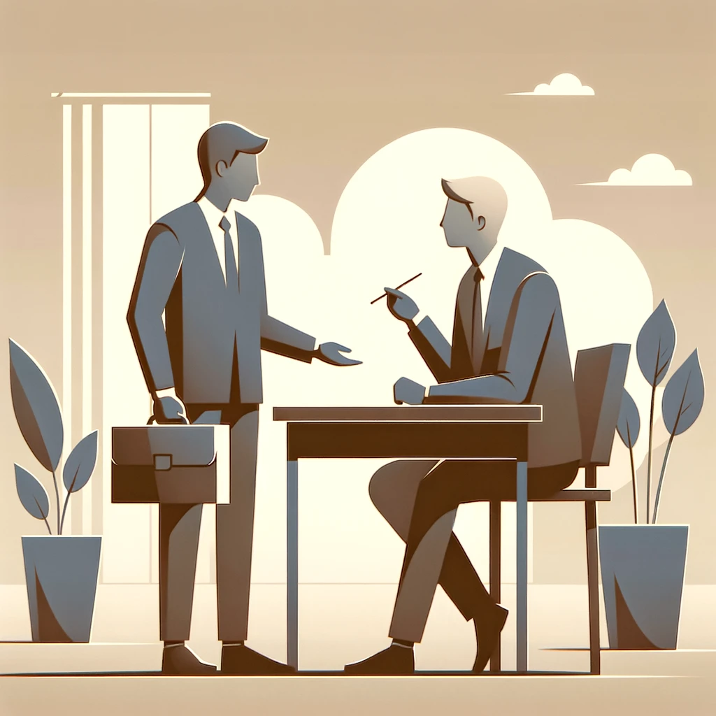 The image depicts two stylized figures in a professional setting that resembles an office or a meeting room. On the left, there is a person standing and gesturing with their hand, holding a briefcase, seemingly engaging in a discussion or presenting a point. On the right, another person is seated at a desk, holding what appears to be a pen or pencil, taking notes or preparing to write. Between them is a modern-style desk, and in the background, there are plants adding a touch of nature to the environment. The scene is set against a window with light streaming in, creating a calm and peaceful atmosphere. Overall, the image conveys a sense of a business meeting or consultation in progress. 