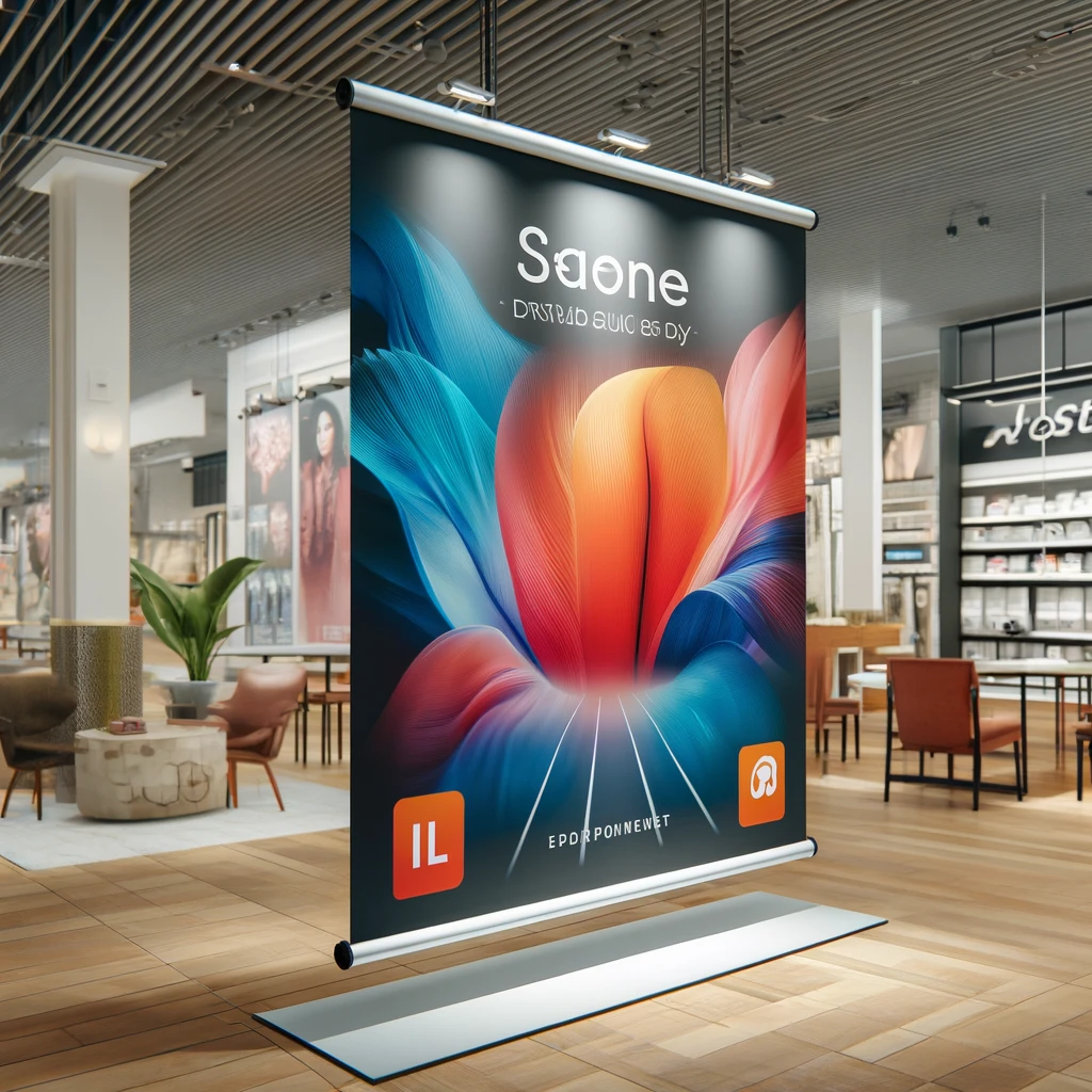 A promotional banner stands in a modern shopping mall interior. The banner features a vibrant graphic of abstract, colorful swirls converging to form a heart-like shape. At the top, the text 'Sæone' in white, followed by the tagline 'Dristad Quic es Dy.' Below the graphic are two icons, one with 'IL' and another with a play symbol, beside the text 'EDPRPONNEWT'. The surrounding area includes a store with a sign 'Hoste' and a seated area with potted plants, wooden chairs, and a stone table