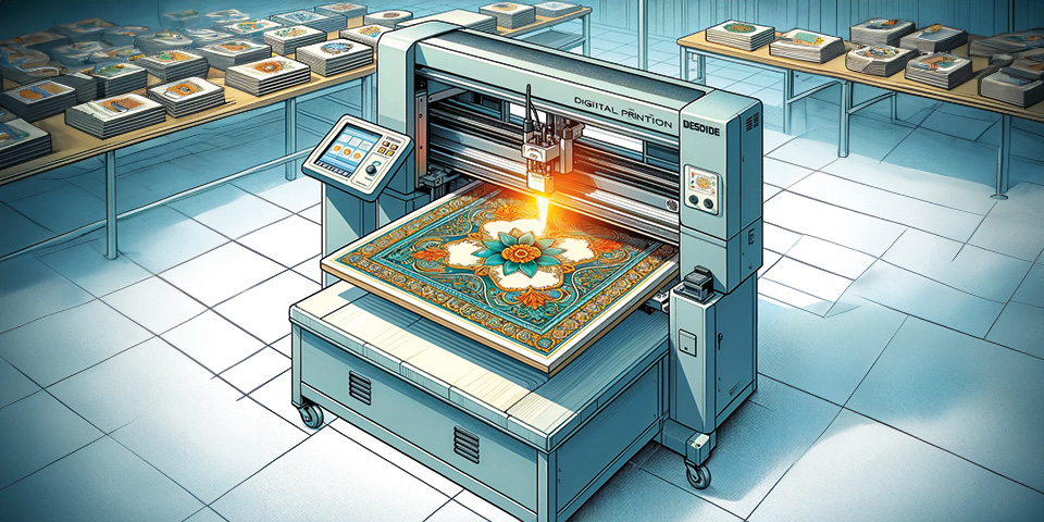 In a meticulously organized printing facility, a state-of-the-art digital fabric printer illuminates a beautifully detailed, ornate rug design, capturing the vibrant essence of traditional craftsmanship with modern technology.