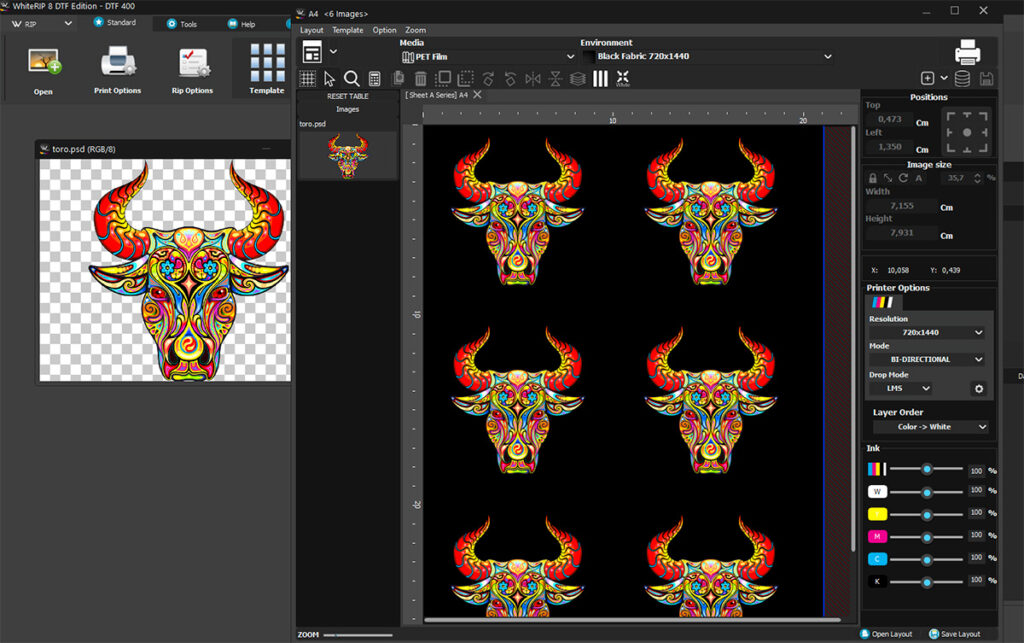 Screenshot of DTF printing software with a colorful bull head design on a transparent background, ready to be printed six times on black fabric.