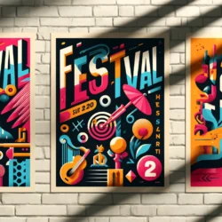 A series of three vibrant and stylized music festival posters mounted on a white brick wall. Each poster has a unique color palette and composition, with bold 'FESTIVAL' lettering taking center stage. The first poster features tropical elements with warm colors and a daytime vibe. The middle poster has a night theme with cool tones and neon-like highlights, including a depiction of musical instruments and a turntable. The third poster combines dynamic shapes with a dancer silhouette, suggesting movement and rhythm, in a mix of hot and cool colors. Sunlight casts soft shadows on the wall, enhancing the textured look of the brick and the posters' three-dimensional effect.