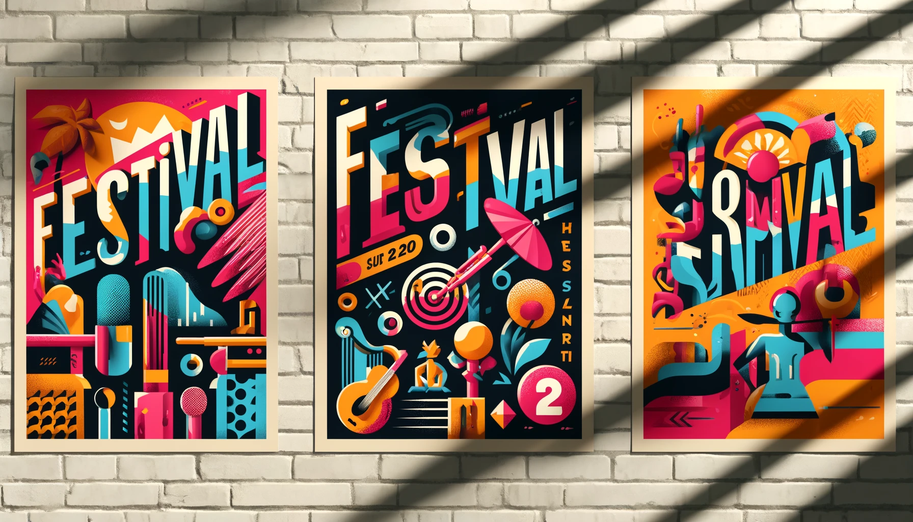 A series of three vibrant and stylized music festival posters mounted on a white brick wall. Each poster has a unique color palette and composition, with bold 'FESTIVAL' lettering taking center stage. The first poster features tropical elements with warm colors and a daytime vibe. The middle poster has a night theme with cool tones and neon-like highlights, including a depiction of musical instruments and a turntable. The third poster combines dynamic shapes with a dancer silhouette, suggesting movement and rhythm, in a mix of hot and cool colors. Sunlight casts soft shadows on the wall, enhancing the textured look of the brick and the posters' three-dimensional effect.