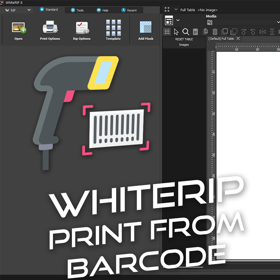 WhiteRIP software interface showing print-from-barcode feature with a barcode scanner and barcode symbol, with toolbar options like 'Open' and 'Print Options' visible