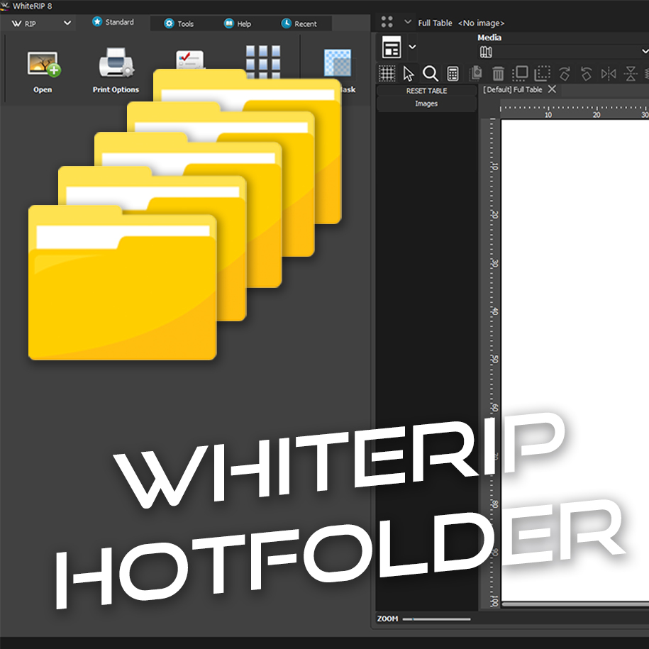 Whiterip Hotfolder Addon: The image shows the WhiteRIP software interface, with an illustration of multiple yellow folders side by side on the left. The text "WHITERIP HOTFOLDER" appears at the bottom of the image. The image illustrates the "Hotfolder" function of the WhiteRIP software to automate the printing process by managing specific folders.