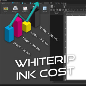 Whiterip Ink Cost Addon: The image shows a 3D column chart with colored bars in cyan, magenta, yellow, and black, representing the basic colors of printing (CMYK). Next to each bar are the corresponding ink costs and volumes, for example: "3.42€ - 12 ML", "7.85€ - 24 ML", "1.25€ - 7.2 ML", and "10.15€ - 35 ML". A green arrow points diagonally upwards, suggesting an analysis of the increase in ink costs. At the bottom, the text "WHITERIP INK COST" indicates that the image is related to calculating or managing ink costs in the WhiteRIP software. The image appears to be a visualization for monitoring and optimizing ink usage in printing.