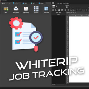 WhiteRIP software interface showing job tracking feature with a document, checkmarks, gear icon, and magnifying glass, along with toolbar options like 'Open' and 'Print Options' visible.