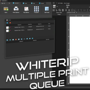 WhiteRIP software interface displaying multiple print queue feature with a list of print jobs, their status, and toolbar options like 'Open' and 'Print Options' visible.