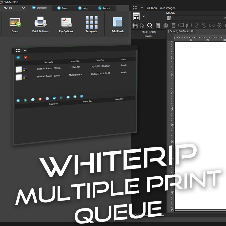 WhiteRIP software interface displaying multiple print queue feature with a list of print jobs, their status, and toolbar options like 'Open' and 'Print Options' visible.