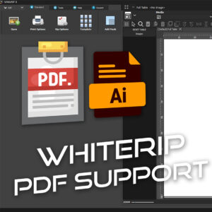 WhiteRIP software interface highlighting PDF support with PDF and Adobe Illustrator file icons, and toolbar options like 'Open' and 'Print Options' visible