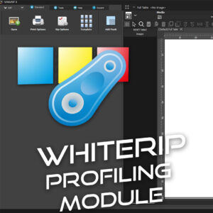 WhiteRIP software interface displaying profiling module feature with blue, yellow, and red squares and a mechanical icon, with toolbar options like 'Open' and 'Rip Options' visible.