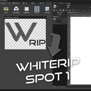 Whiterip Spot Color 1 Addon: The image shows a WhiteRIP software interface with a dark gray "W" logo and the word "RIP" next to it, on a transparent background indicated by checkerboard squares. A gray arrow points to the right, connecting the image window to another section of the software. At the bottom, the large text "WHITERIP SPOT 1" appears to indicate a specific function or mode of the program. The image is intended to illustrate the use of the "Spot 1" function of the WhiteRIP software.