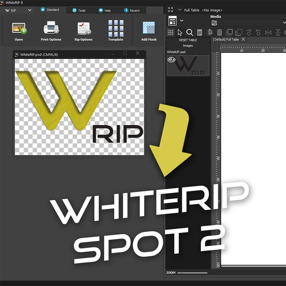 Whiterip Spot Color 2 Addon: The image shows a "WhiteRIP" interface, with a "W" logo and the word "RIP" in yellow, set against a checkered background indicating transparency. On the right is a yellow arrow pointing to another section of the interface, suggesting a connection between the two parts of the program. At the bottom is the large text "WHITERIP SPOT 2". The image appears to be a screenshot for a specific feature called "Spot 2".